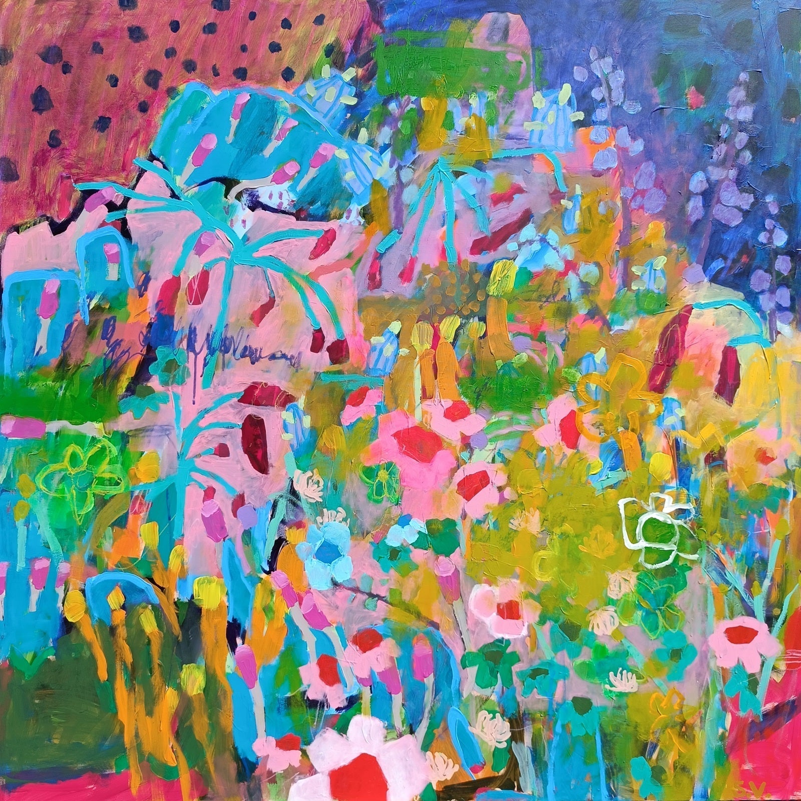 Abstract painting 'Homemade Happiness' by Simona Vojteskova - vibrant floral meadow composition featured in University of Notre Dame's Virtues & Vocations initiative