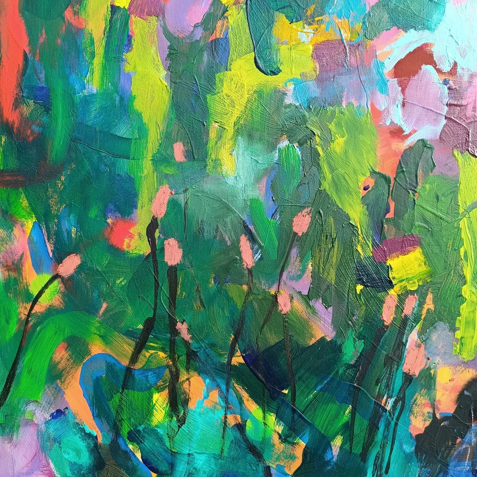 Abstract floral painting with pink sky