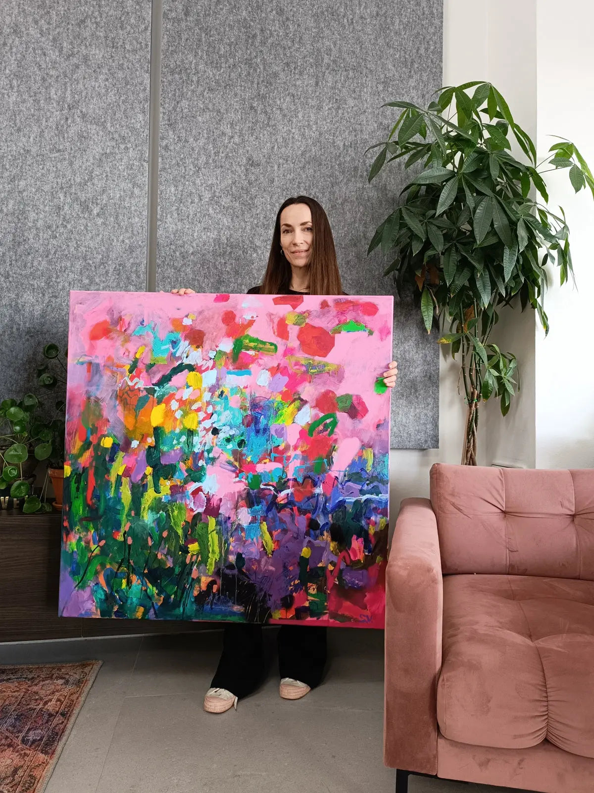 Abstract floral painting with pink sky