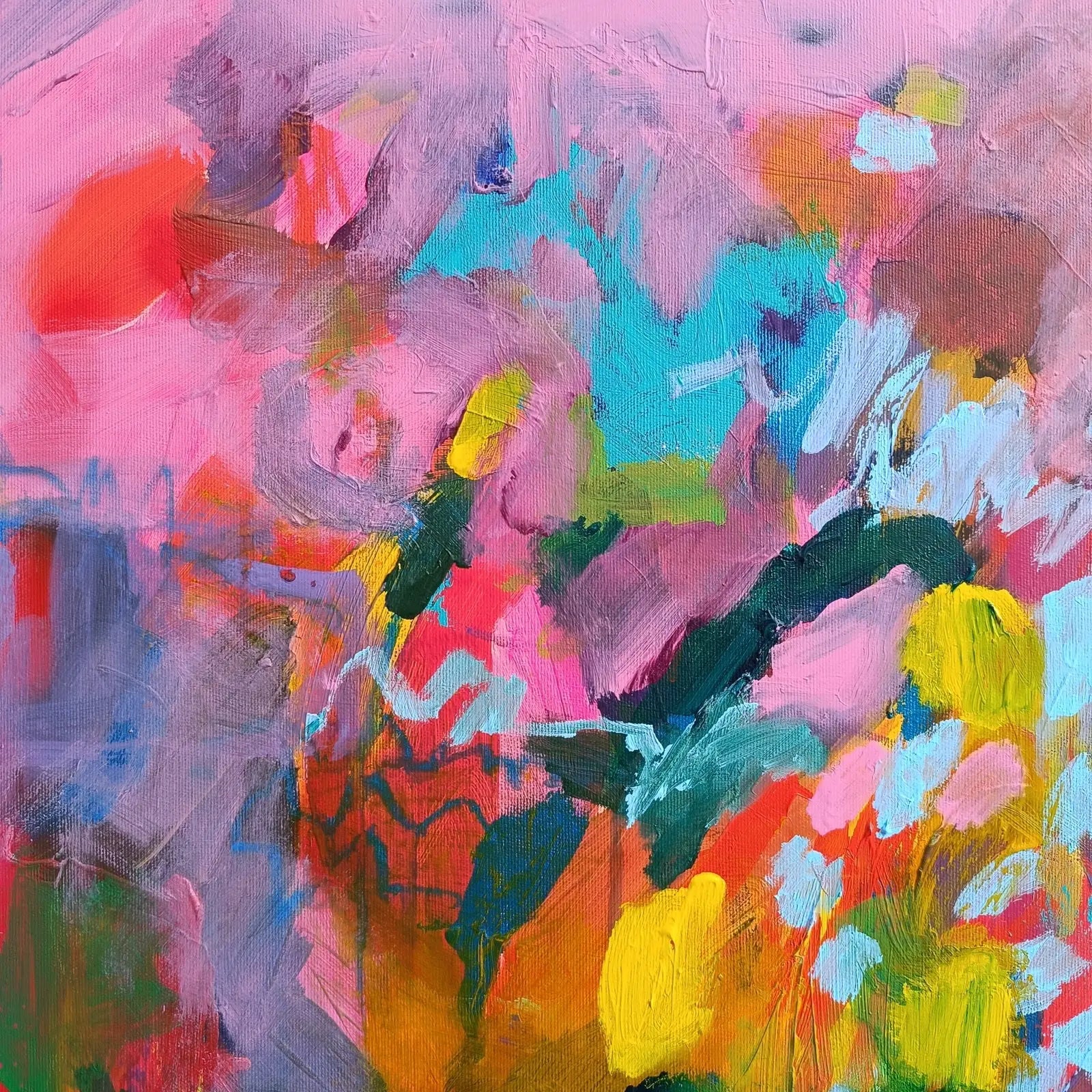 Abstract floral painting with pink sky