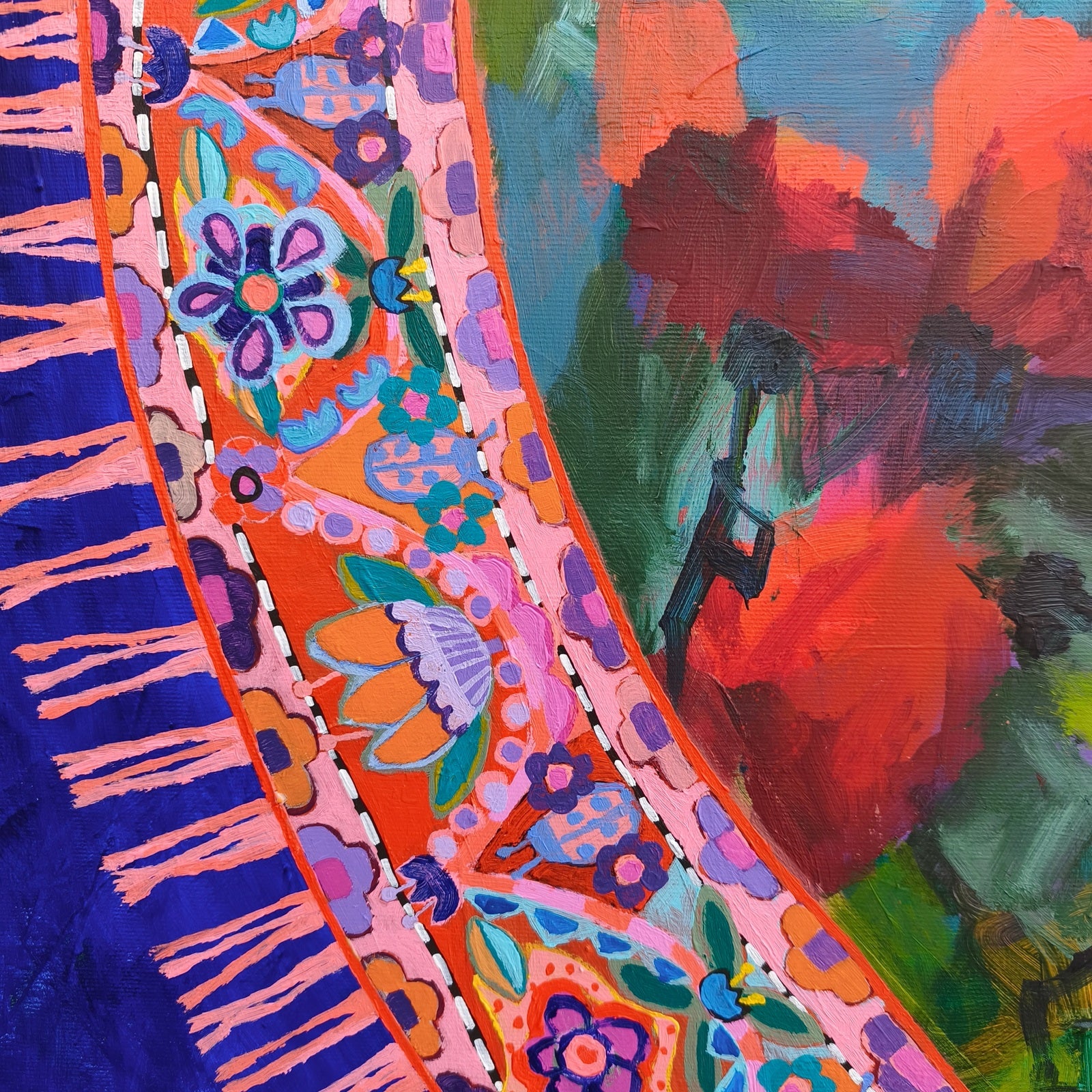 Abstract floral painting detail with iris flowers, rich texture and ultramarine blue tones, Blooming Rug artwork