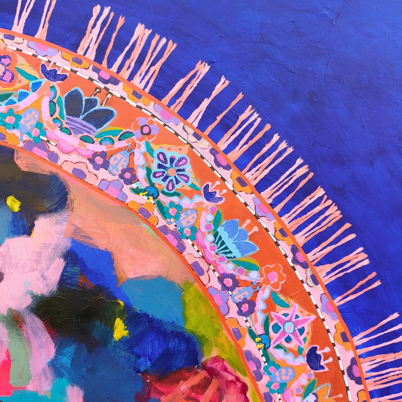 Detail of abstract flower painting with red blooms and deep ultramarine blue background, textured surface