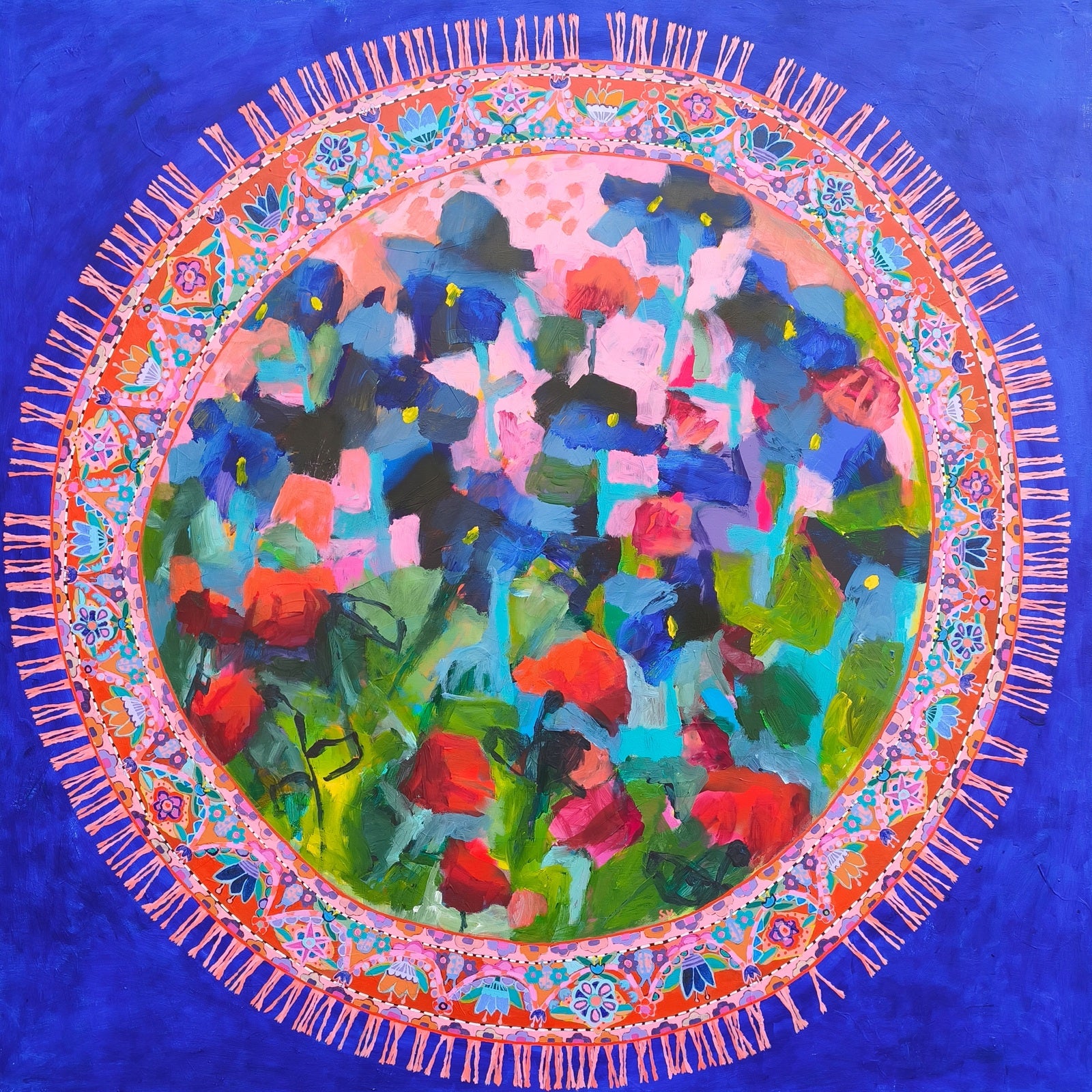 Full view of Blooming Rug abstract floral painting, 120x120 cm acrylic on canvas with circular composition