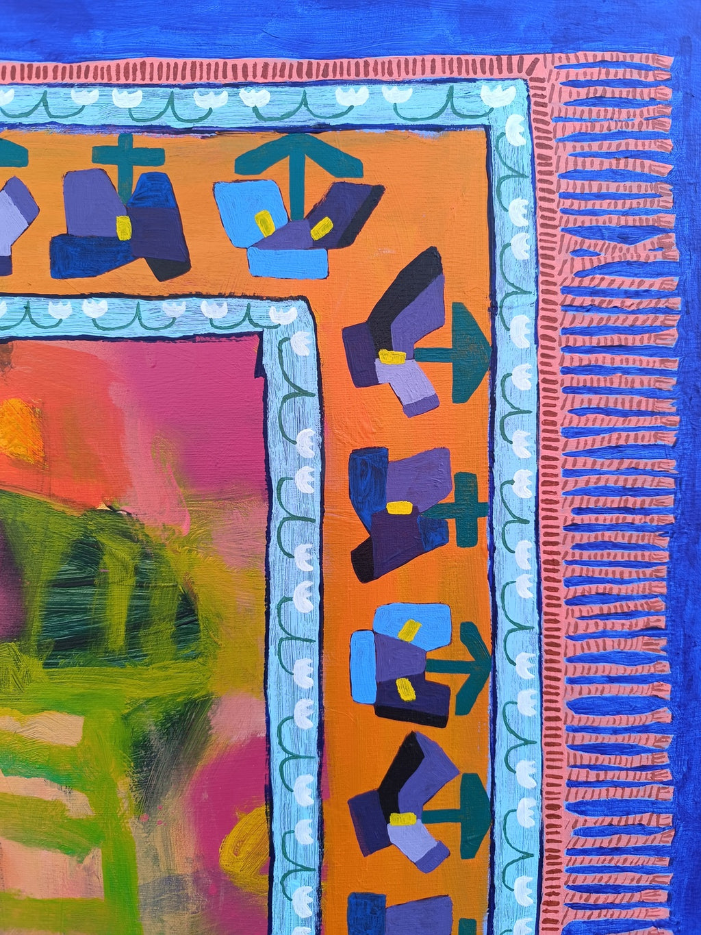 Close-up of painted fringe and ornamental edge on large abstract floral painting with rich texture