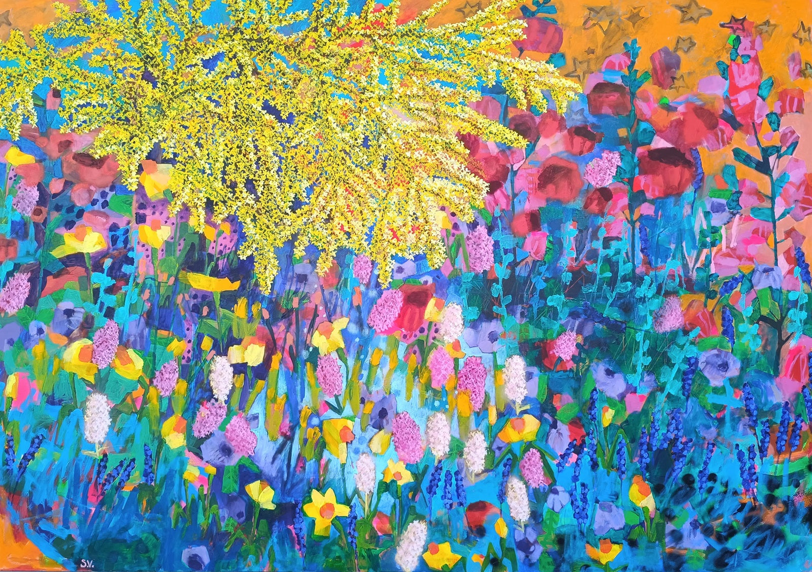Large colorful abstract floral painting with dense spring garden composition and textured surface
