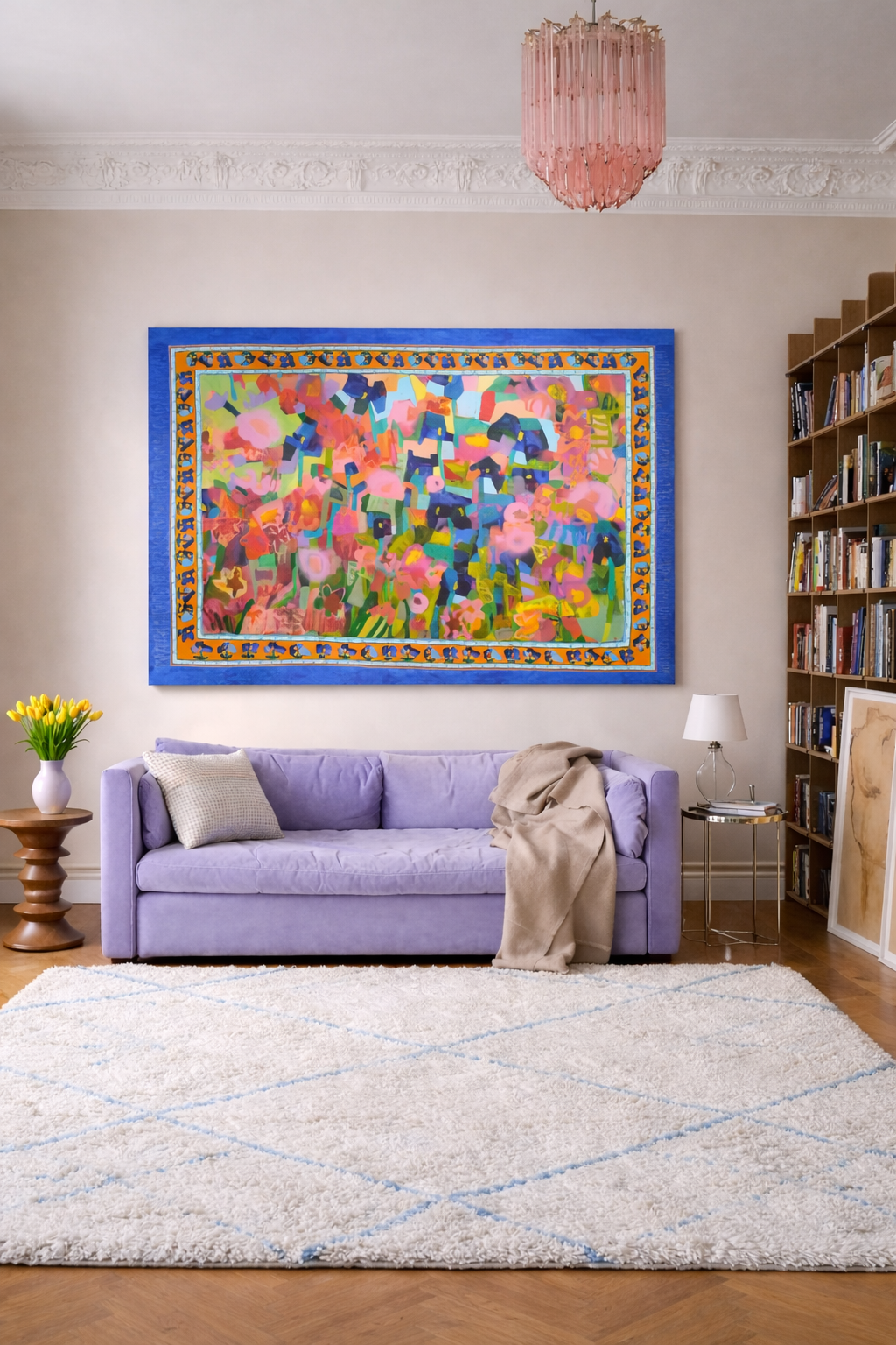 Large abstract floral painting with blue irises and pink flowers displayed in modern living room interior