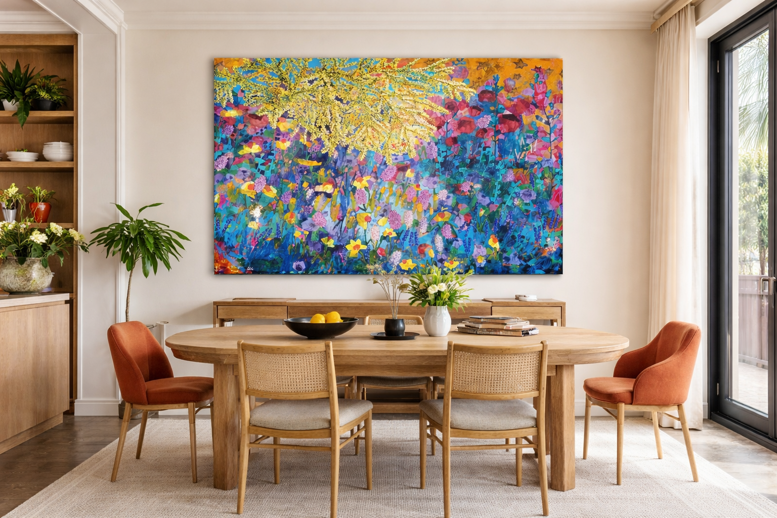 Large abstract floral painting displayed in dining room above wooden table and chairs