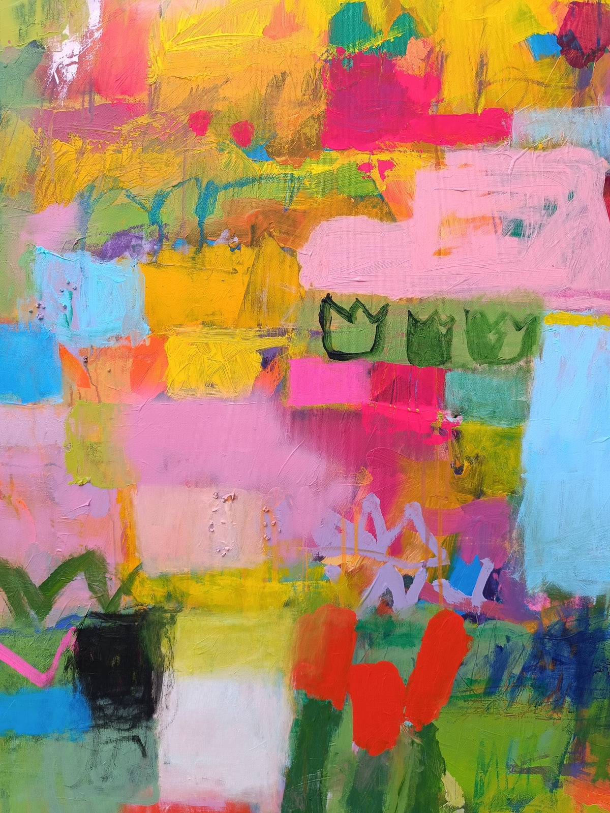 Textured detail of colorful abstract landscape painting with layered acrylic and expressive surface